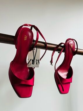 New Zara Red Satin Ankle Strap Stiletto High Heels Sandals NWT 39 US 8